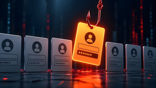 Phishing Attack Concept Showing a Glowing Digital Identity Login Card Being Hooked by a Fishing Hook Among Multiple User Profile Data Cards in a Dark Cyber Security Environment