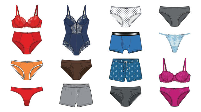 Colorful women and men underwear collection vector illustration featuring various styles and vibrant colors