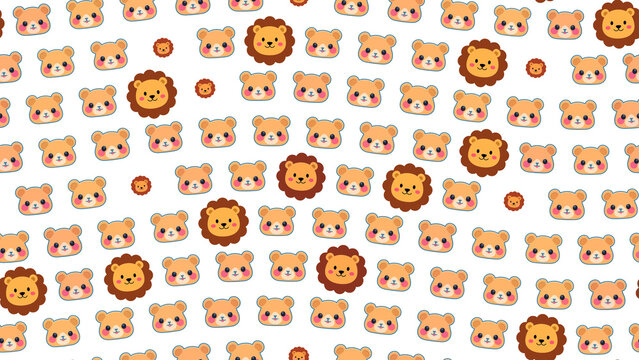 Cute Cartoon Bear and Lion Faces Pattern