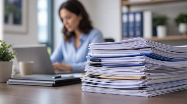 A focused stack of documents sits on a desk with a blurred woman working on a laptop in a modern office setting.