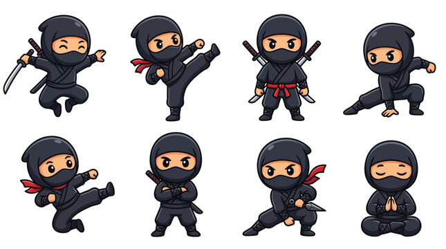 Cute little black ninja characters showing martial arts actions and meditation poses set