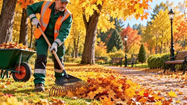 Man raking colorful autumn leaves in a park setting  