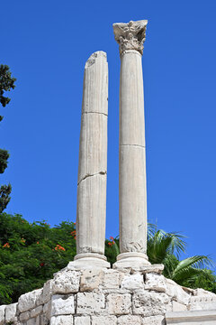 Two Ancient Roman Columns against Vivid Blue Sky, Alexandria, Egypt