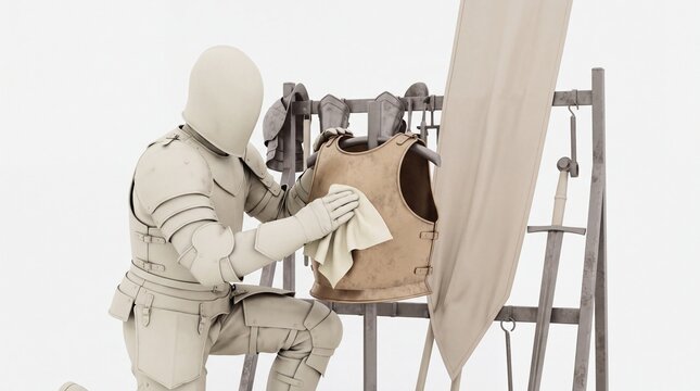 Medieval knight in white armor cleaning a breastplate