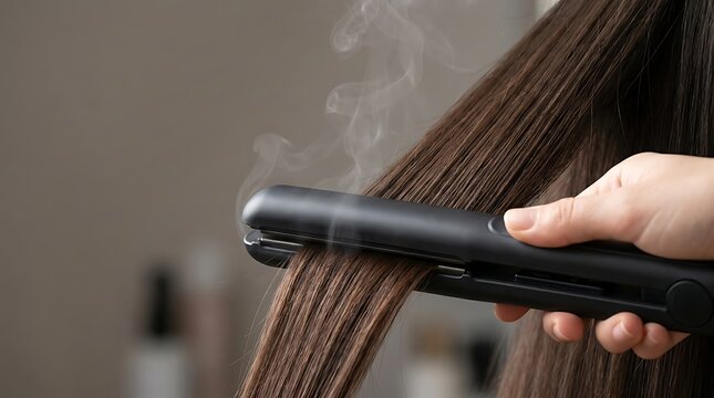 Hairdresser hand using black hair straightener styling long brown hair with visible rising steam in salon