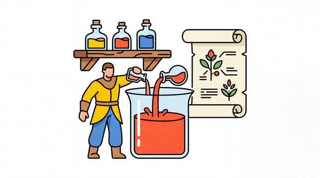 Alchemist character mixing magical liquid into a large beaker