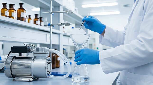Scientist wearing blue gloves filtering liquid in erlenmeyer flask using vacuum pump in research lab