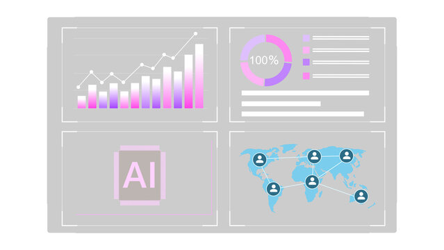 Ai analytics dashboard with global network charts, Dark analytics dashboard with four panels showing growth chart, 100 percent donut chart, artificial intelligence icon, and global network map.
