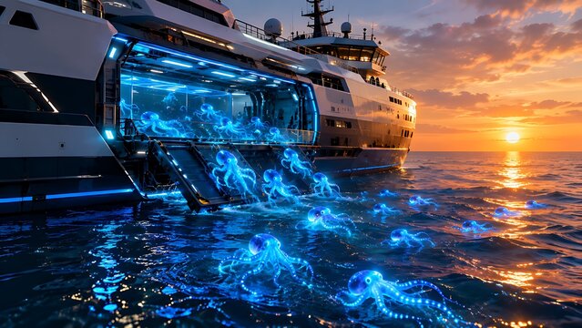 Futuristic research yacht deploying glowing bioluminescent robotic octopuses at sunset
