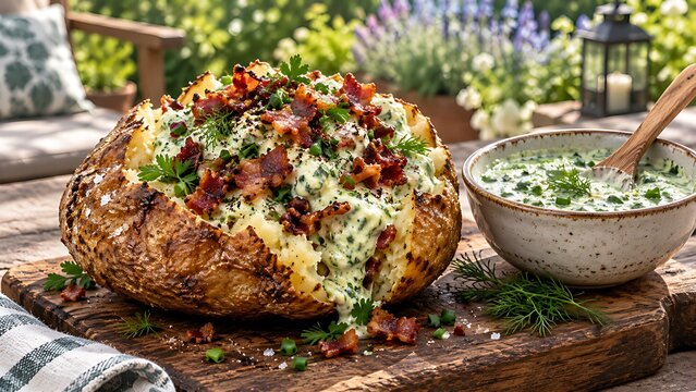 Loaded baked potato with creamy herb sauce and crispy bacon bits