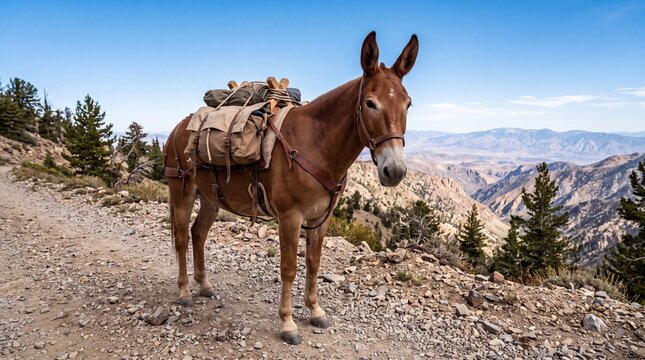 Sturdy Pack Mule Pausing on a Sunlit Rocky Mountain Ridgeline Trail