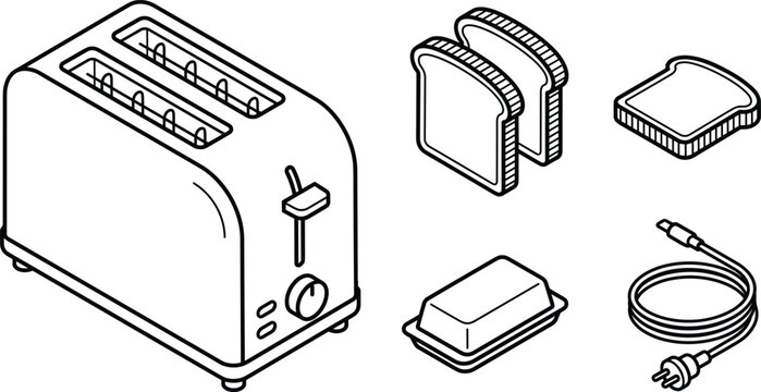 Kitchen electric toaster sliced bread and butter dish isometric line vector icon set