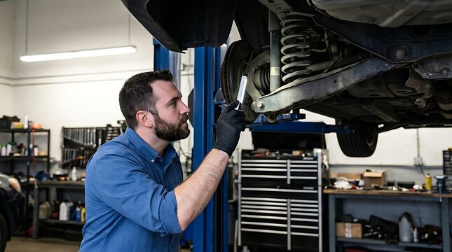 Automotive technician inspecting car suspension and undercarriage with handheld inspection light in garage