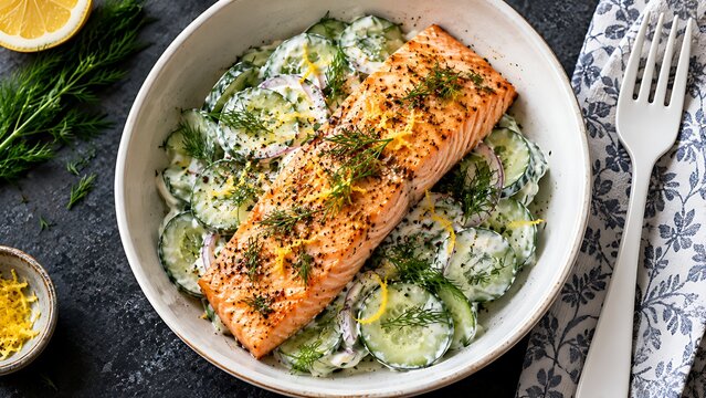 Grilled salmon fillet on creamy cucumber salad with dill and lemon
