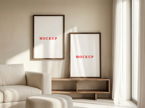 Two Blank Poster Frames Mockup Living Room. Beige Wall Frame Mock up Template. Modern Sofa Art Mock-up