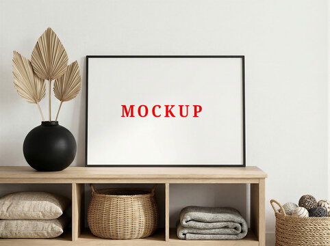 Modern Living Room Horizontal Poster Mockup, ISO A Paper Size Frame on Wall. Scandi Interior Design Background. Professional 3D Interior Blank Mock up for Art Print.