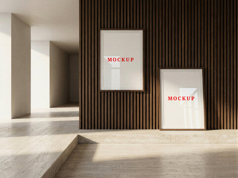 Two frame mockups on wall in modern gallery interior, ISO A Paper Size, Modern Living Room Interior Mockup, Minimalist Home Decor, 