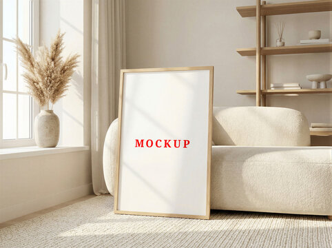 Vertical Blank Frame Mockup, ISO A Paper Size, Modern Living Room Interior Mock up, Minimalist Home Decor, Art Gallery Mockup Template.