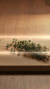 Vertical video: Moving light band causing camera focus change over thyme bundle on board in kitchen