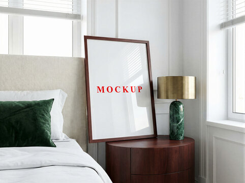 Blank white wooden frame mockup, ISO a paper size, modern living room interior mockup, minimalist home decor, art gallery mockup template.