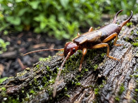 Common European Earwig Crawling Across Damp Decaying Tree Bark Under Diffuse Light