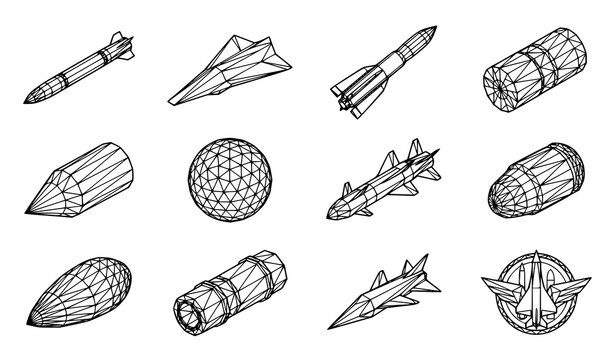 Military Missile and Aerospace Wireframe Line Icon Set Featuring Rockets Jet Fighters Projectiles and Warheads for Defense Engineering Designs