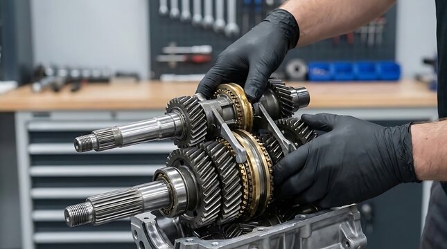 Mechanic in black gloves assembling a manual vehicle transmission gearbox in an automotive workshop repair shop