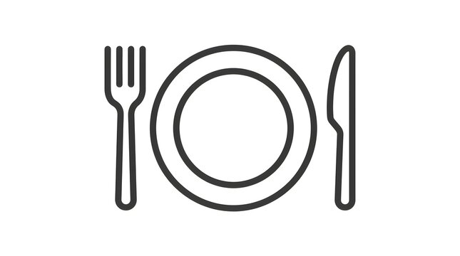 Simple line art icon featuring a plate with a fork and a knife for restaurant menu design and food service websites
