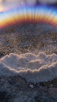 Vertical video: Reacting glassy bubble forming golden wave on sand at dusk, triggered by particle