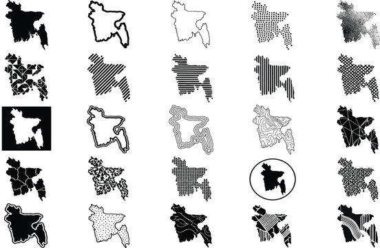 Bangladesh map icon set, diverse artistic styles and patterns, vector collection isolated on white background