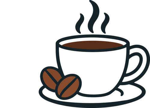 Coffee cup with steam and roasted beans, simple flat vector illustration on a white background