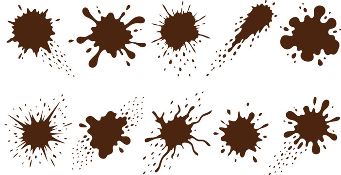 Chocolate Splatter Set, Brown Liquid Paint Splashes and Ink Blots Isolated on White Background for Graphic Design