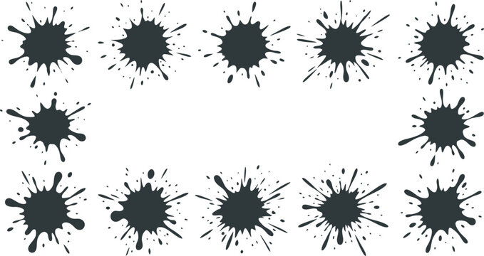 Ink Splatter Set, Black Paint Splashes and Grunge Blotches Isolated on White Background for Graphic Design