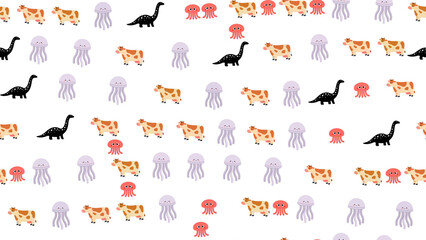 Seamless pattern of cartoon cows, dinosaurs, and jellyfish © yunanda