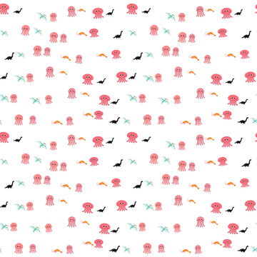 Cute cartoon pattern of jellyfish, dinosaurs, and shrimp