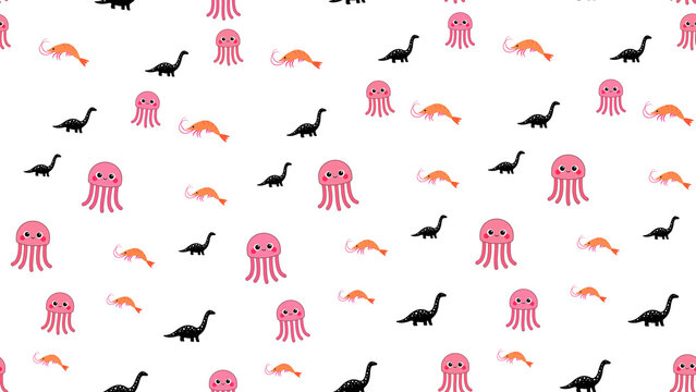Cute cartoon pattern of jellyfish, shrimp, and dinosaurs