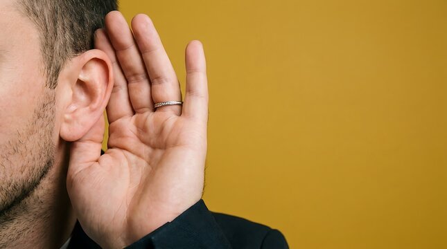 Close up of a man cupping his hand behind his ear to listen carefully against a yellow background person