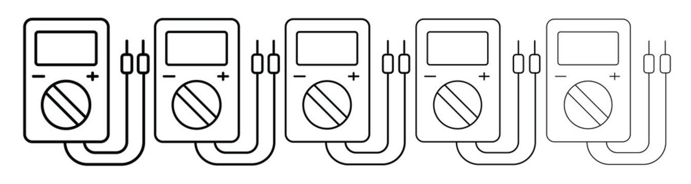 Linear vector illustration of electric multimeters with probes in various stroke weights.