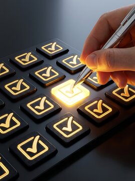 Hand holding a silver pen touching a glowing yellow checklist button on a black control pad with multiple lit checkmarks