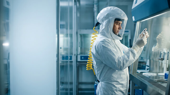 Scientist in protective suit working in a biosafety containment lab