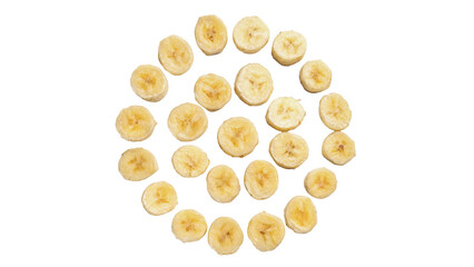 Many fresh sliced round banana pieces arranged in a circle isolated on transparent background © Arthur