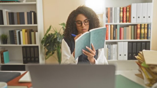 Woman in school uniform adjusts eyeglasses while studying with open books, writing with a pen and using a laptop and coffee at a desk in a building; concentration.