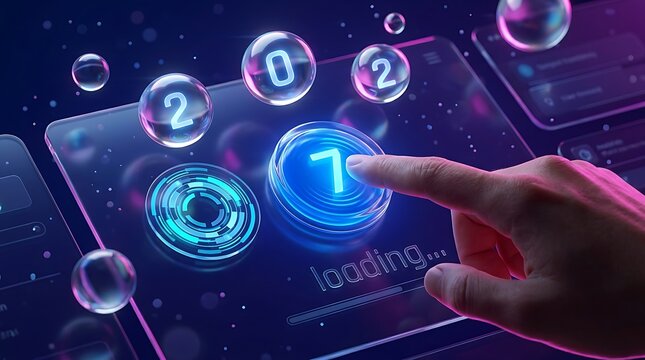 Futuristic 2027 New Year loading screen, neon HUD digital interface with glowing numbers, abstract high-tech background for cyber network banner