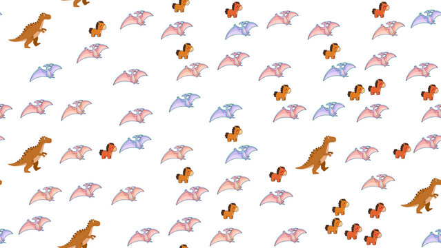 Cute cartoon dinosaurs, pterodactyls, and horses pattern