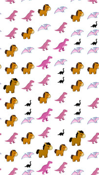 Cute cartoon pattern of horses and dinosaurs