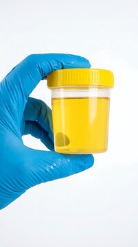 Hand in blue medical glove holding a plastic container filled with yellow urine sample specimen