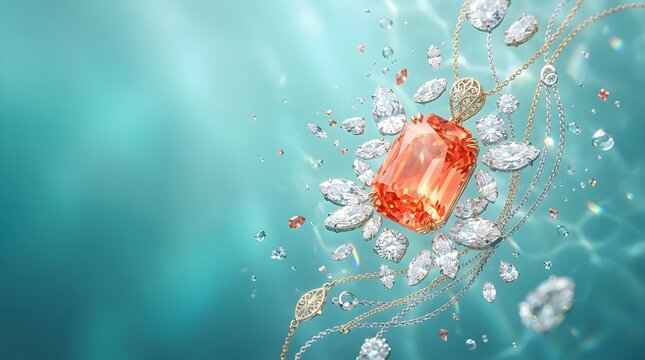 Luxurious large orange gemstone pendant necklace with diamonds scattered on teal background.
