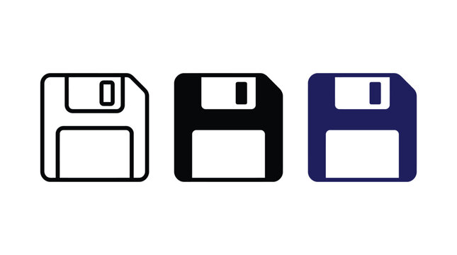 Set of floppy disk save icons in outline, solid, and colored styles, representing data storage, file management, and computer technology for digital user interfaces