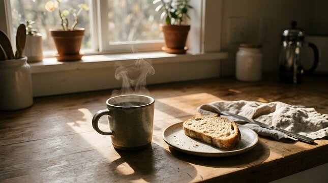 Steaming cup of coffee with bread on rustic wooden table at sunrise, breakfast setting for morning.