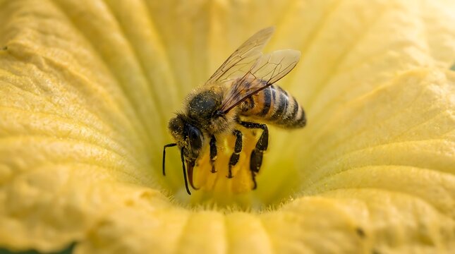 Honey bee collecting pollen inside a bright yellow squash flower yellow flower pollination blossom